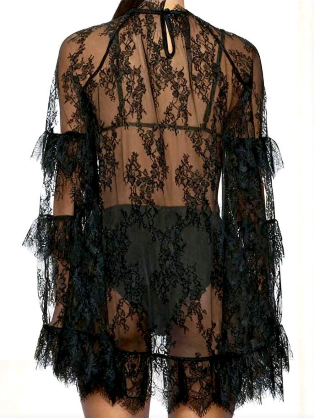 Women's Elegant Lace Dress, Long Sleeve, Small Stand Collar, Ruffle Design, Eleg - Picture 2 of 6